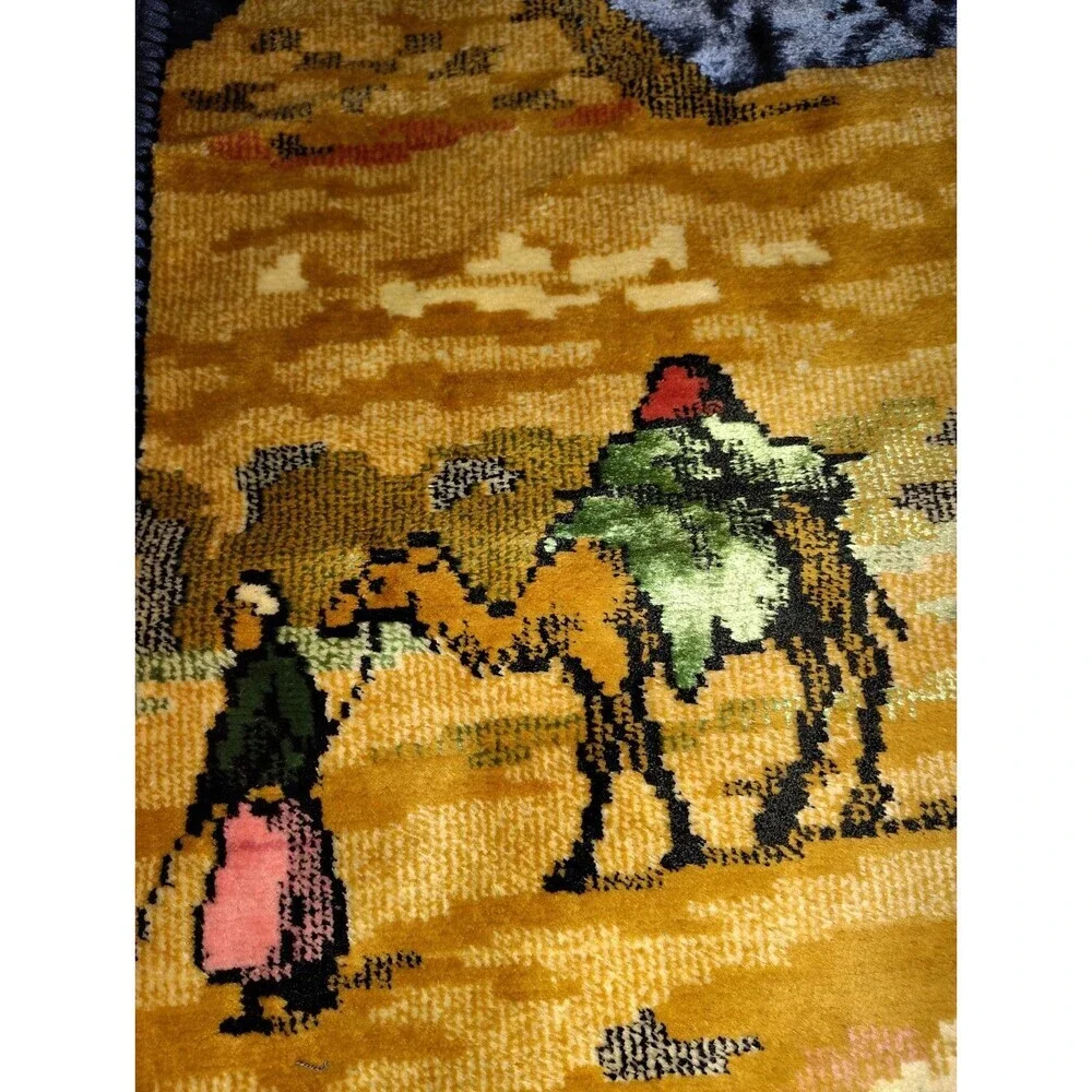 ​Vintage Large Velvet Egyptian Tapestry 59x39, Mid Century Sphinx Pyramids Camel